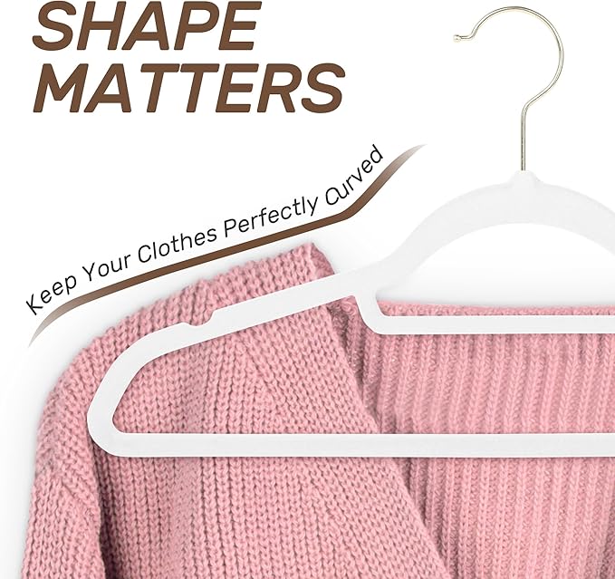 Sishynio Velvet Hangers 30 Pack with Gold Hooks, Non-Slip Slim Felt Hanger for Clothes, Heavy Duty Space Saving Flocked Hangers for Dresses, Suits, Coats & Pants(White)