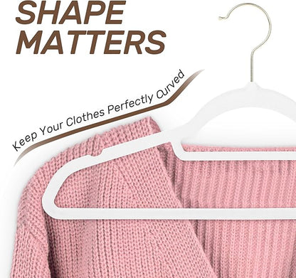 Sishynio Velvet Hangers 30 Pack with Gold Hooks, Non-Slip Slim Felt Hanger for Clothes, Heavy Duty Space Saving Flocked Hangers for Dresses, Suits, Coats & Pants(White)