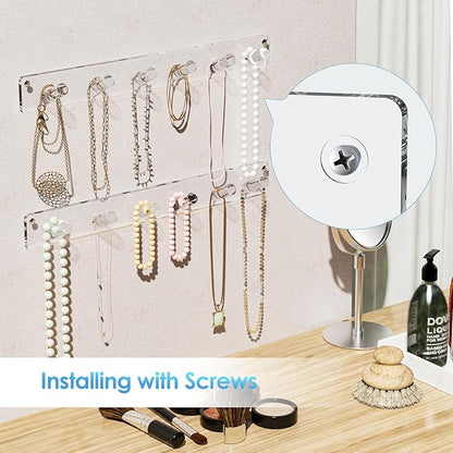MaxGear Clear Acrylic Necklace Holder 2-Pack, Wall Mounted Jewelry Organizer with 12 Hooks, Tangle-Free Display for Necklace, Bracelet, Bangles, Ring, Perfect for Bathroom, Vanity, Closet Door