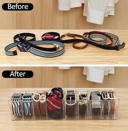 Acrylic Belt Organizer with Adjustable 4 Compartments & Stackable Design, Clear Storage for Closet and Drawer Organization