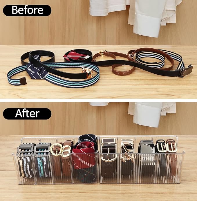 Acrylic Belt Organizer - 2 Pack with Adjustable 4 Compartments & Stackable Design, Clear Storage for Closet and Drawer Organization