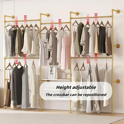 Industrial Pipe Clothes Rack,Wall Mounted Closet Wardrobe Rack, Corner L Shaped Walk-in Closet System, 2 Installation Methods (Gold, 80" H x 86" W)