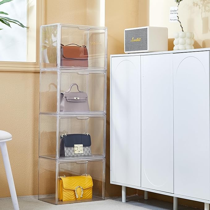 ZLLZUU Clear Storage Bins with Lids, 5 Pack Acrylic Display Case with Magnetic Door for Cosmetic Collectibles Large Figures Models, Stackable Acrylic Storage Box for Home Office Living Room Dorm