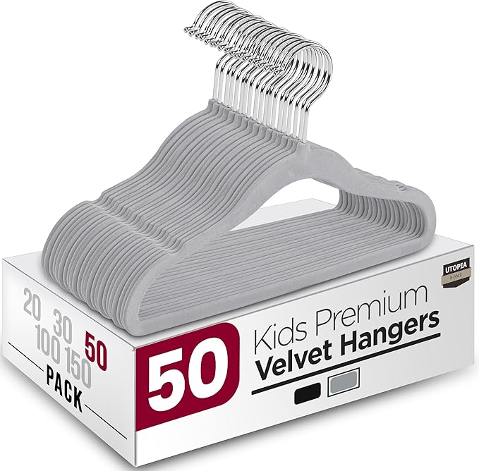 Utopia Home Kids Velvet Hangers 50 Pack – 11 Inch Non-Slip Baby Hangers for Baby and Toddlers, Durable Ultra-Slim Space-Saving Closet Organizers (Grey)