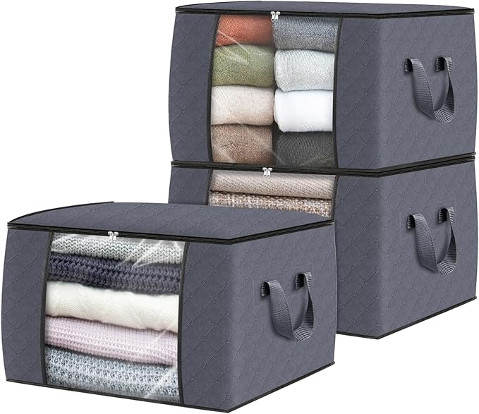 Fab totes Storage Bags,Clothes Blanket Storage Bins Foldable Closet Organizers with Reinforced Handle for Home Dorm Storage and Organization,Fabric Bags for Organizing Sheets,Clothing (Grey,3 Pack)