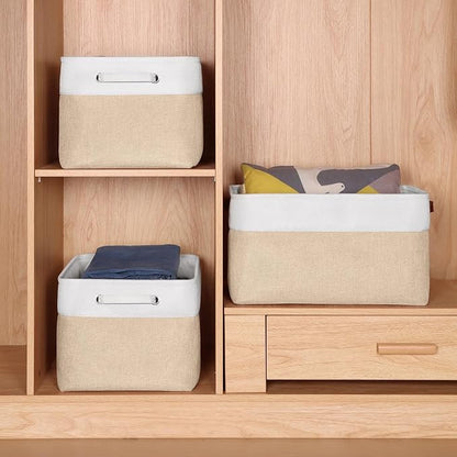 Foldable Storage Bin Collapsible Fabric Storage Basket Cube with Durable Handles Closet Organizer Bins for Organizing Shelves Drawers, Set of 3, 17" x 11.8" x 9.8", Beige