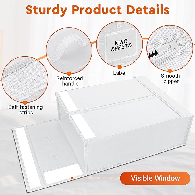 StorageTastic 6 Pack Bed Sheet Closet Organizers and Storage,Sturdy Foldable Storage Containers with Window and Label,Storage and Organization for Bedding Sheets,Duvet Covers,Blankets (White)