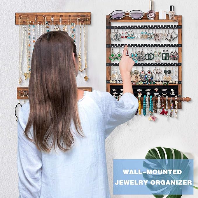 3Pcs Jewelry Organizers and Storage,Wood Earring Organizer,Hanging Jewelry Organizer,Rustic Wall Jewellery Organizer,Wall Mounted Earring Holder for Storage Display Gift (Brown+Black)