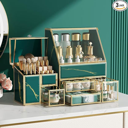 CoralHouse Makeup Organizer Green– Large Vanity Organizer for Skincare, Lipsticks, Perfume & Brushes – Countertop Cosmetic Storage Box for Women, Bathroom or Dresser.