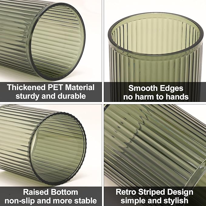DASITON Makeup Brush Holder Organizer, Acrylic Makeup Brush Cup, Vintage Striped Make Up Brush Holder for Vanity, Bathroom Countertop, Toothbrush Holders, Pen Holder for Desk Storage (Green)