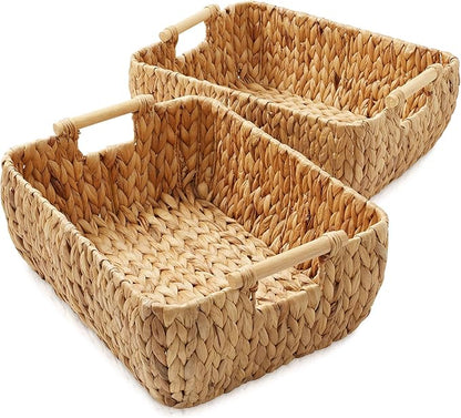 Casafield Set of 2 Water Hyacinth Oval Storage Baskets with Wooden Handles - Large, Woven Bin Organizers