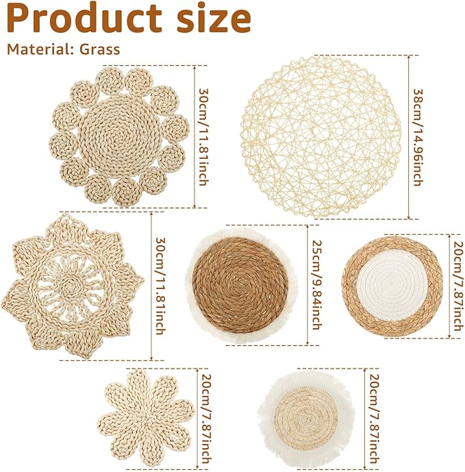 7 Pcs Boho Wall Basket Decor, Rattan Wicker Boho Wall Decor, Hanging Woven Basket Wall Decor, Round Handmade Wall Art for Living Room Bedroom Display Table Settings Home Christmas Decoration (Khaki)