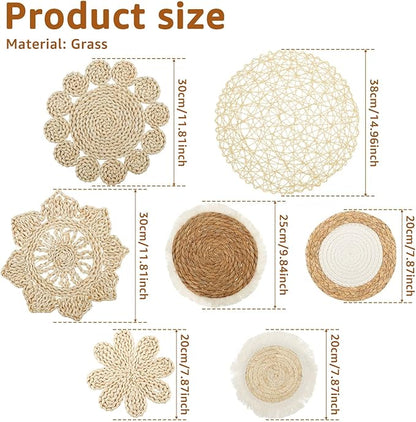 7 Pcs Boho Wall Basket Decor, Rattan Wicker Boho Wall Decor, Hanging Woven Basket Wall Decor, Round Handmade Wall Art for Living Room Bedroom Display Table Settings Home Christmas Decoration (Khaki)
