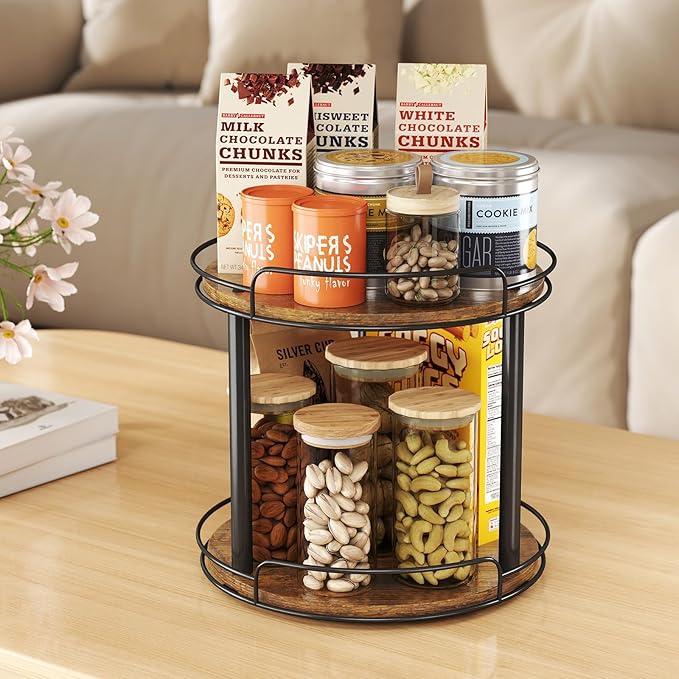 LAMU 12'' Wood Lazy Susan Turntable Organizer for Cabinet, 2 Tier Lazy Susan Spice Rack Organizer for Kitchen, Table Top, Countertop, Pantry, Bathroom