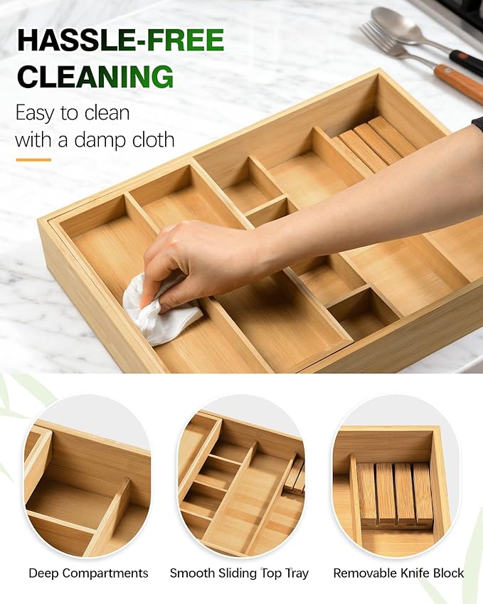 HULISEN Double Layer Bamboo Utensil Drawer Organizer, 2 Tier Silverware Cutlery Drawer Organizer with Sliding Top & Removable Knife Holder, Deep 8-Slot Kitchen Drawer Organizer