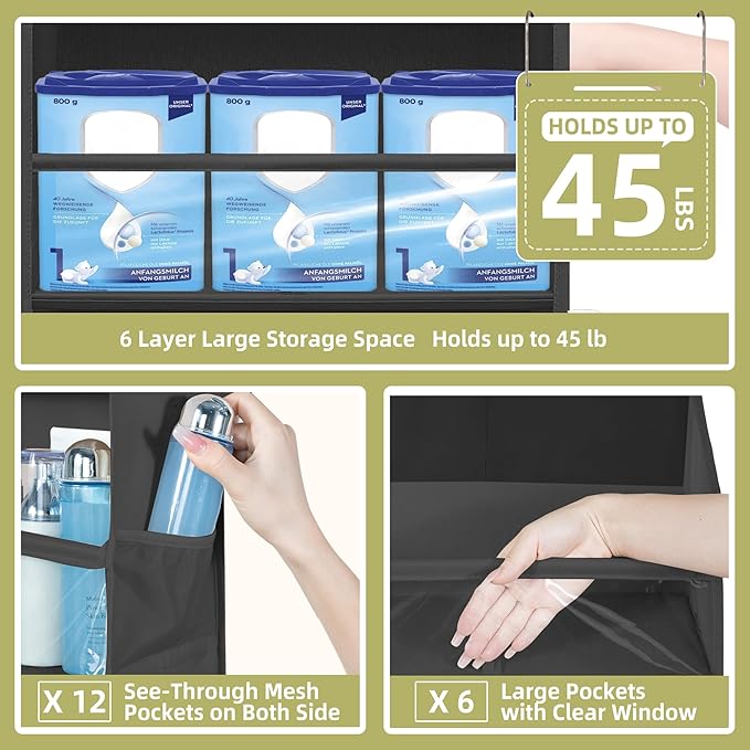 Over Door Organizer with 6 Extra Large Pockets and 12 Side Pockets, Large Capacity Hanging Storage Organizer with Clear Window for Shoes, Diapers, Black, 6 Layers, 1-Pack