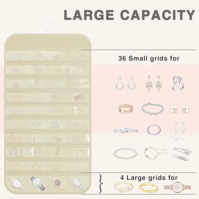 2-Pack Hanging Jewelry Organizer Storage, 40 Pockets 36 Hooks Necklace Earring Bracelet Ring Organizer, Double - Sided Design, Beige