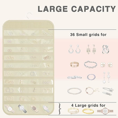 Hanging Jewelry Organizer Storage, 40 Pockets 36 Hooks Necklace Earring Bracelet Ring Organizer, Double - Sided Design, Beige