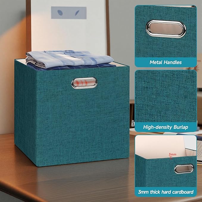 Posprica Collapsible Storage Bins,13×13 Foldable Storage Cube Boxes Fabric Drawer Fabric Storage Bins Vinyl Record Cubby Cubes with Handles for Bookcase, Closet, Shelf, Cabinet, 4 Pack