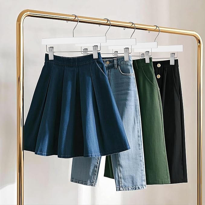 Quality Hangers Wooden Pants Hangers - 20-Pack Swivel Hook Cloth Hanger Set - Lotus Wood Skirt, Pant, Shorts and Slack Hangers with Adjustable Clip – White Clothing Hanger (White, 20)