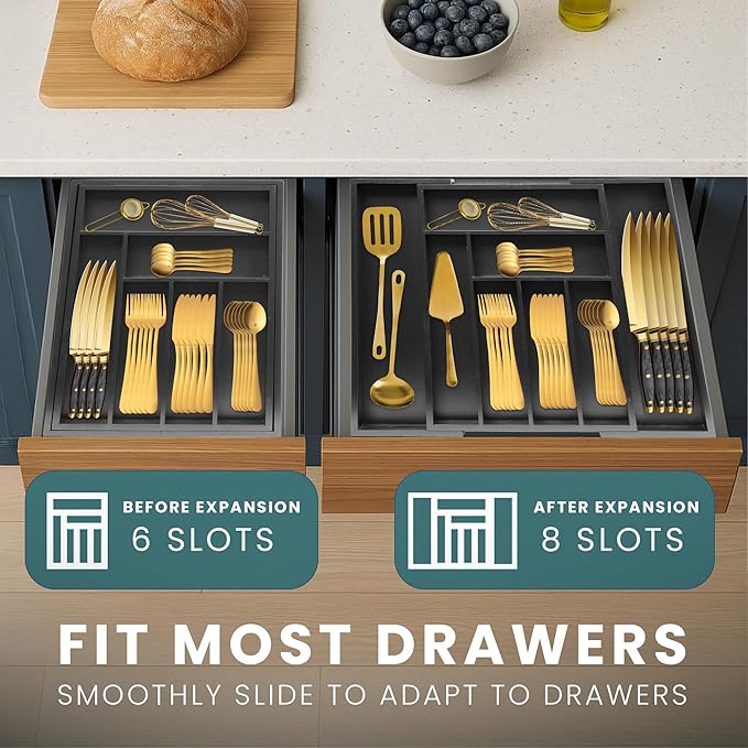 Sben Expandable Drawer Organizer for Utensils Holder, Adjustable Cutlery Tray, 6-8 Slots, Premium Wood Drawer Dividers Organizer for Silverware, Flatware, Knives for Kitchen (Black)