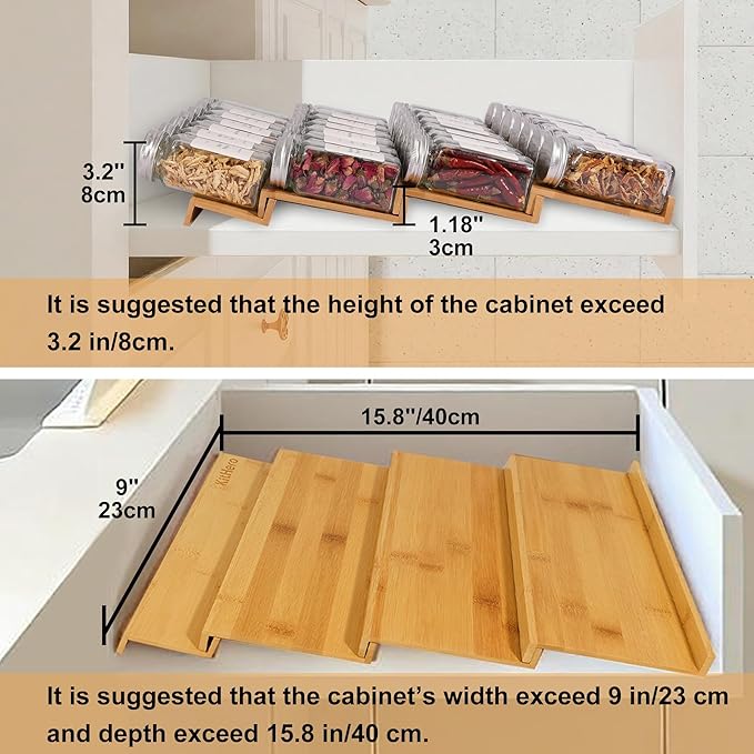 Spice Drawer Organizer with 18 Spice Jars,216 Labels,25 Non-slip Rubber, Bamboo 4 Tier Seasoning Rack Tray Insert for Kitchen Drawers,Cabinets,Countertop,9" Wide x 15.8" Deep