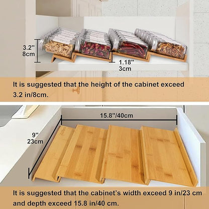 Spice Drawer Organizer with 18 Spice Jars,216 Labels,25 Non-slip Rubber, Bamboo 4 Tier Seasoning Rack Tray Insert for Kitchen Drawers,Cabinets,Countertop,9" Wide x 15.8" Deep