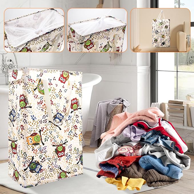 Odonata Slim Laundry Hamper Handles Collapsible Laundry Basket Thin Dirty Clothes Basket Narrow Laundry Bag Foldable Dirty Hamper 48L (Owl)