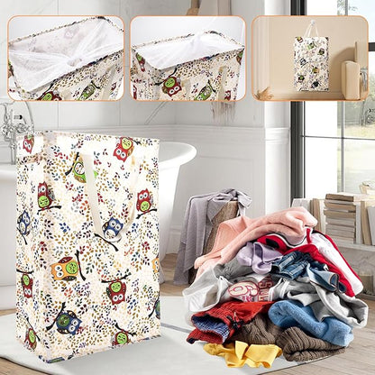 Odonata Slim Laundry Hamper Handles Collapsible Laundry Basket Thin Dirty Clothes Basket Narrow Laundry Bag Foldable Dirty Hamper 48L (Owl)