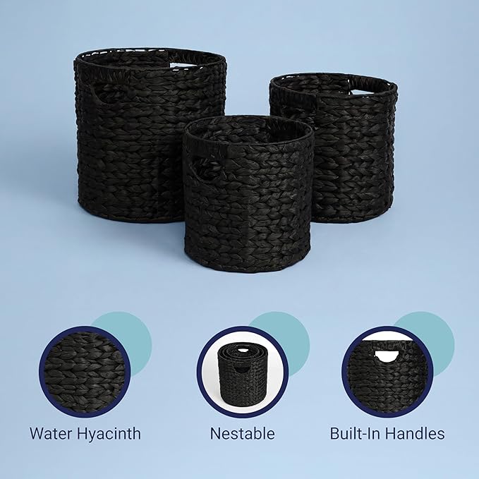 happimess BSK2011C-3SET Avery Bohemian Cottage Handwoven Hyacinth Cylinder Nesting Baskets with Handles, Black (Set of 3)