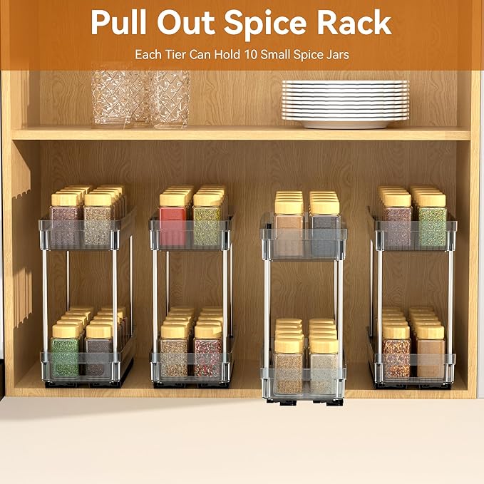 DABIGE 2 Pack Pull Out Spice Rack Organizer for Cabinet, 2 Tier Slide Out Spice Racks Organizer, Spice Cabinet Organizers, Cabinet Size Need:12'' High x 11'' Deep x 5'' Wide, Clear Acrylic