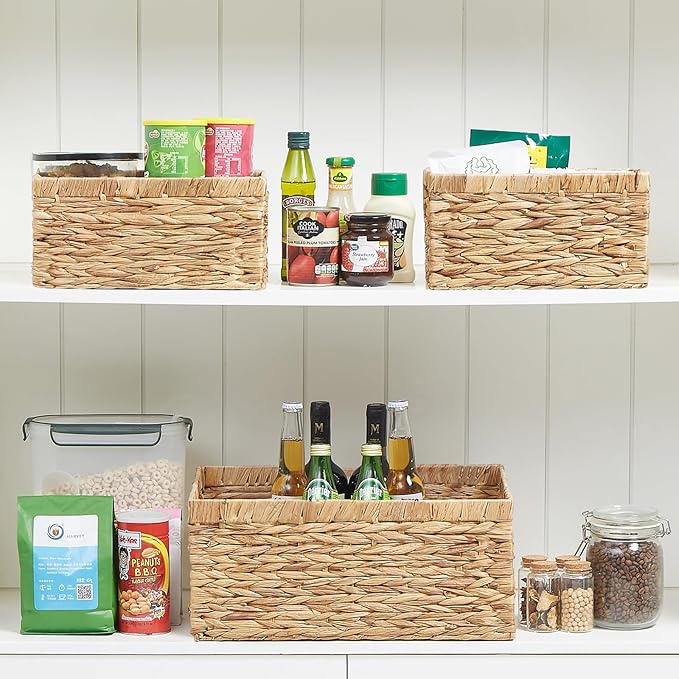 Vagusicc Wicker Basket, Set of 3 Hand-woven Storage Baskets for Organizing, Water Hyacinth Wicker Storage Basket Bins with Handles, Small Toilet Paper Storage Baskets for Shelves Pantry Baskets