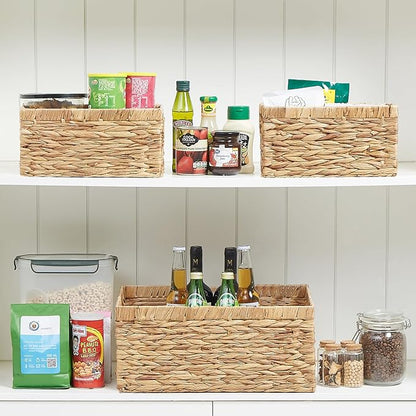 Vagusicc Wicker Basket, Set of 3 Hand-woven Storage Baskets for Organizing, Water Hyacinth Wicker Storage Basket Bins with Handles, Small Toilet Paper Storage Baskets for Shelves Pantry Baskets