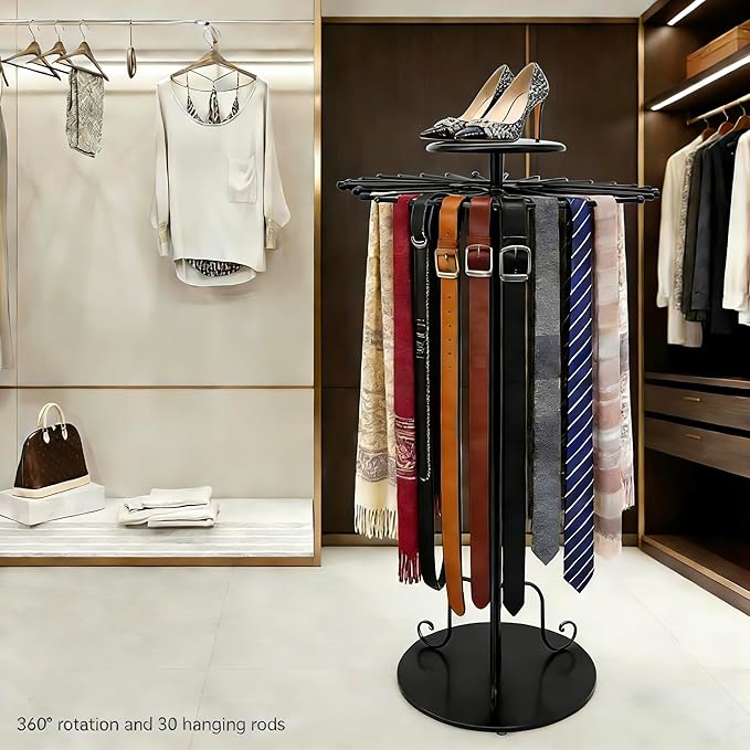 Black 360°Rotating Scarf Display Tie Rack Belt Hanger Shawl Hijab Stand, Boutique Retail Display Stand Home Organizer Holder for Commercial Clothing Store, Bedroom(49.2in, 30 Hanging Rods)