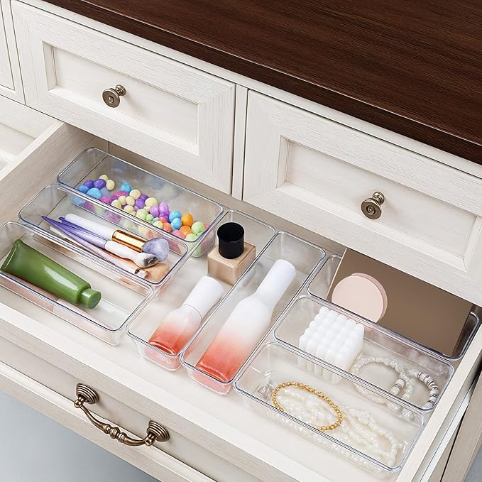 Dimeho 12 PCS Drawer Organizers Clear Plastic Vanity Drawer Dividers Kitchen Silverware Utensil Storage Desk Storage Tray for Bathroom Bedroom Office Makeup Jewelry 9 x 3 x 2 Inches