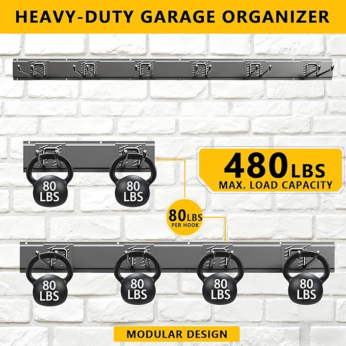 Garage Tool Organizer Wall Mount, 48inch Heavy-Duty Garage Storage System and Garden Tool Organizer with 6 Adjustable Straight Hooks for Shovel, Snowboard, Yard Tools and Shed