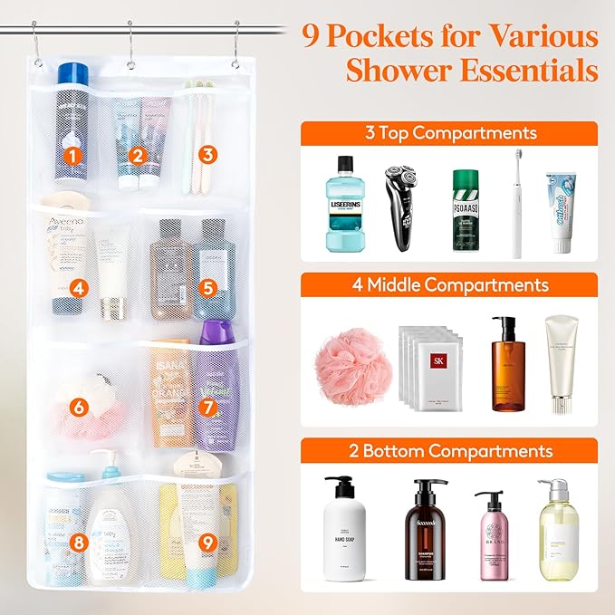 Lifewit Cruise Essentials Shower Caddy Must-Have, 9 Pockets Hanging Bathroom Organizer with Quick-Dry Mesh, Portable Shower Bag to Storage Soap, Shampoo, for RVing, Travel, Camping, White, 1 Pack