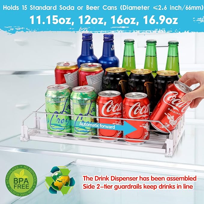 Rolling Soda Can Organizer and Automatic Soda Can Organizer for Refrigerator for Beer Soda Seltzer Drink Pop Cans Holder Storage Pantry Organization