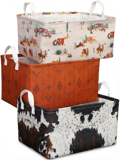3 Pcs Western Bull Boho Rectangle Storage Basket Collapsible Highland Cow Storage Bin for Nursery Toys Books Waterproof Baskets for Closet Shelves Bedroom Decor(Cow)