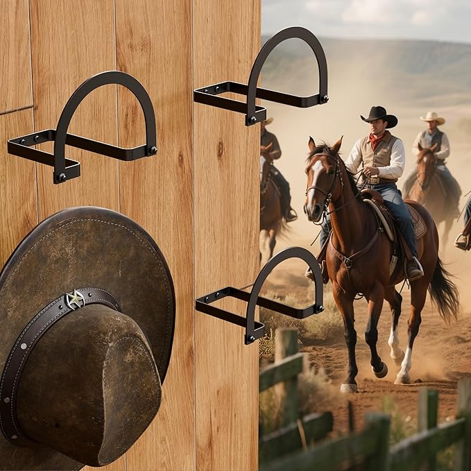 4 Pack Cowboy Hat Hooks, Wall Mount Hat Rack Holder for Western Decor Display.