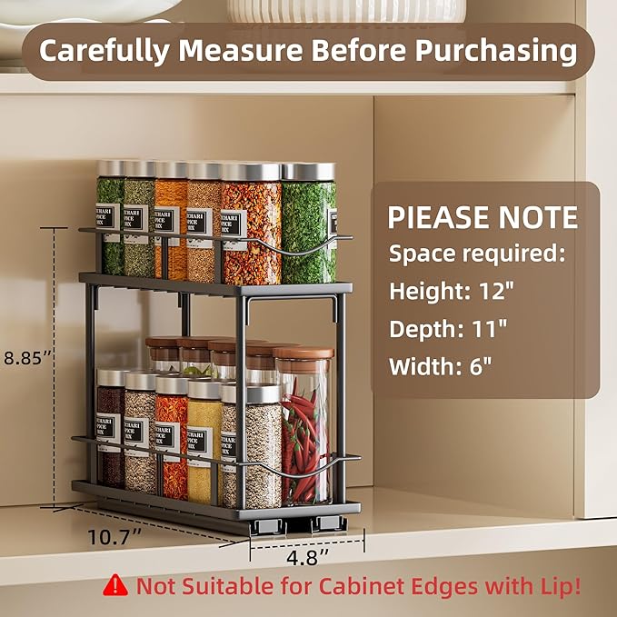 2 Packs Pull Out Spice Rack Organizer for Cabinet, 2-Tier Slide Out Seasoning Organizer, Narrow Cabinet Spice Rack, 10.7" Dx4.8 Wx8.85 H, Full Extension Ball Bearing Glides, Kitchen Pantry Organizer