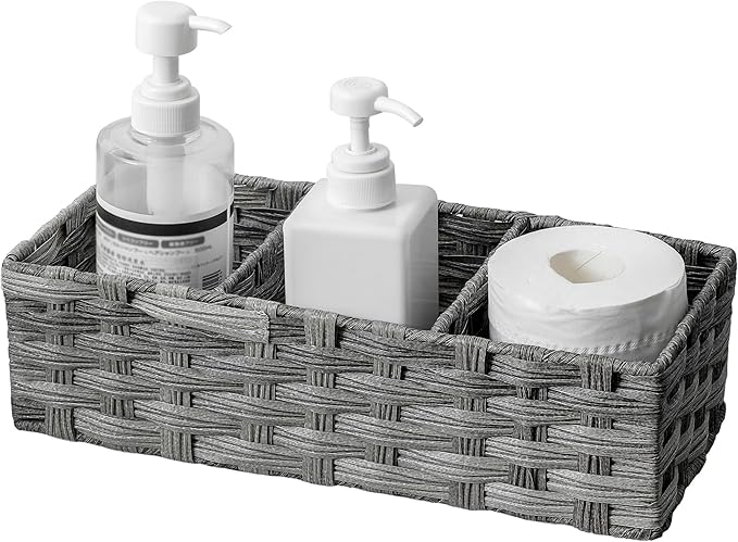 Toilet Tank Topper Paper Basket Multiuse Hand Woven Plastic Wicker Basket Bins with Divider for Shelves Rustic Farmhouse Bathroom Decor Countertop Organizer Storage