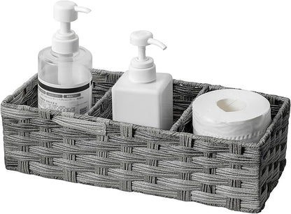 Toilet Tank Topper Paper Basket Multiuse Hand Woven Plastic Wicker Basket Bins with Divider for Shelves Rustic Farmhouse Bathroom Decor Countertop Organizer Storage