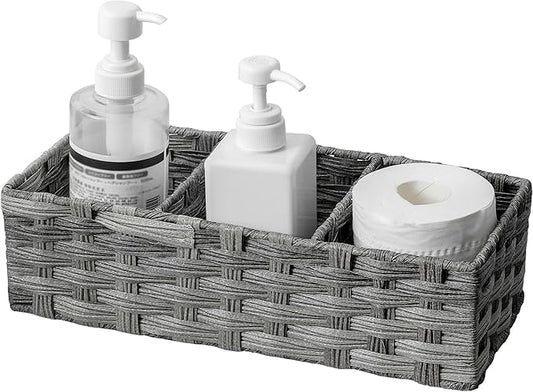 Toilet Tank Topper Paper Basket Multiuse Hand Woven Plastic Wicker Basket Bins with Divider for Shelves Rustic Farmhouse Bathroom Decor Countertop Organizer Storage