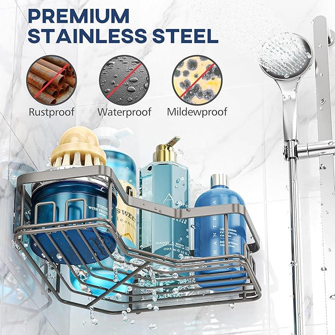 MAXIFFE 3 Pack Corner Shower Caddy with Soap Holder, Large Capacity and Easy Install, No Drilling Shower Shelves, Stainless Steel Shower Organizer Hold 40 LBS for Family Renters, Grey