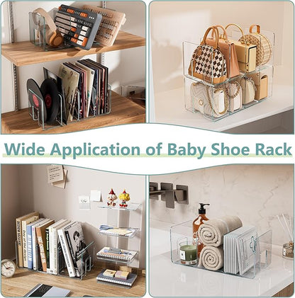 Acrylic Kids Shoe Rack Organizer 3-Section, Toddler Shoe Organizer for Closet, 2 Pack Baby Shoe Storage Shelf, Purse Rack Organizer