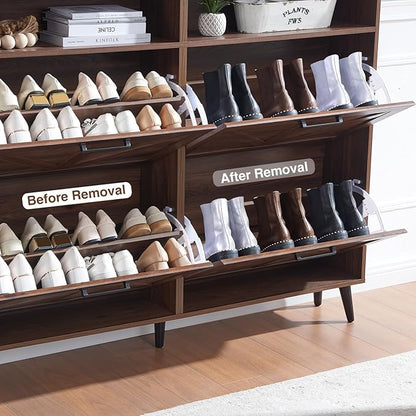 Barnyatoh Shoe Storage Cabinet,Farmhouse Shoe Organizer with 4 Flip Drawers & Barn Door Design,Freestanding Hidden Slim Narrow Shoe Rack Cabinet with Open Shelves for Entryway,Foyer,Hallway,Walnut