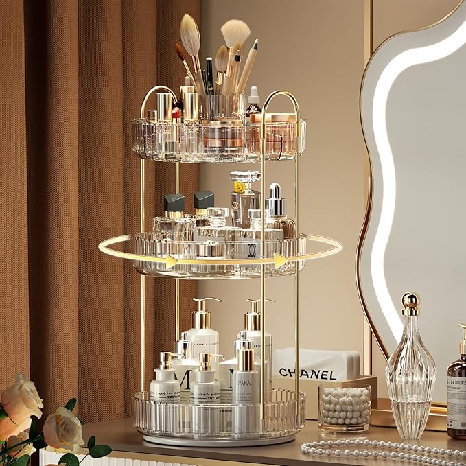 YCIA&DONE Rotating Makeup Organizer for Vanity, Large Capacity Make Up Storage Skin care Shelf Perfume Holders Cosmetic Dresser Organizer Countertop Spinning 360 (White Clear, 3Tiers)