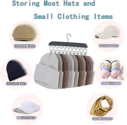 2 Pack Hat Hangers for Closet,Wooden Hat Rack with 10 Metal Clips for Saving Space, Hat Organizer for Baseball Caps,Skullies,Beanies,Visors(Black)