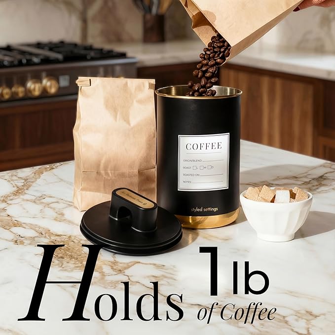 Vacuum Coffee Canister with Airtight Lid – Patented Dual Airtight Coffee Canister with Scoop, Coffee Bean Storage Container or Grounds Container, Storage Container - Black and Gold Kitchen Accessories